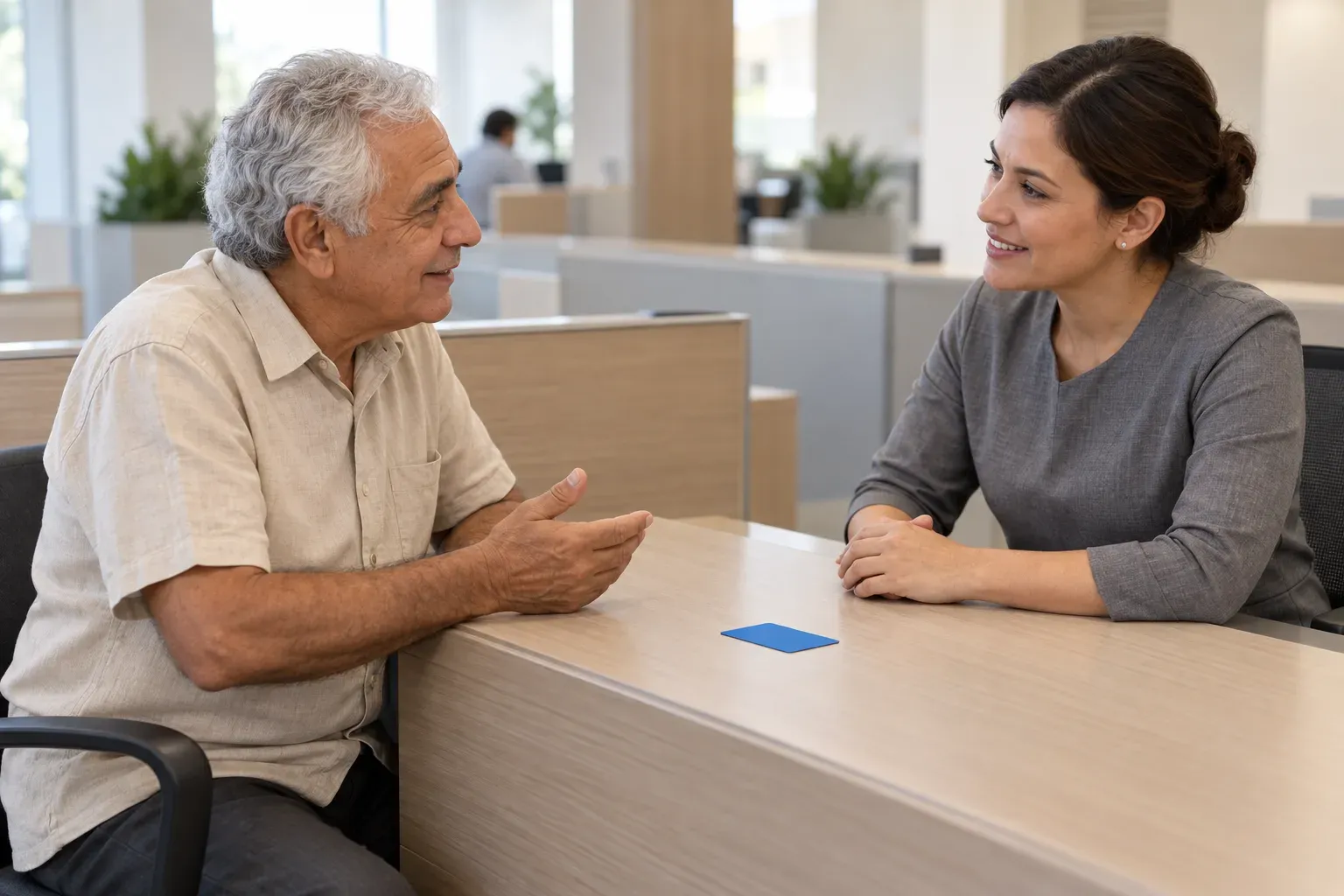 Aposentado conversa com atendente, com cartão azul sobre o balcão
