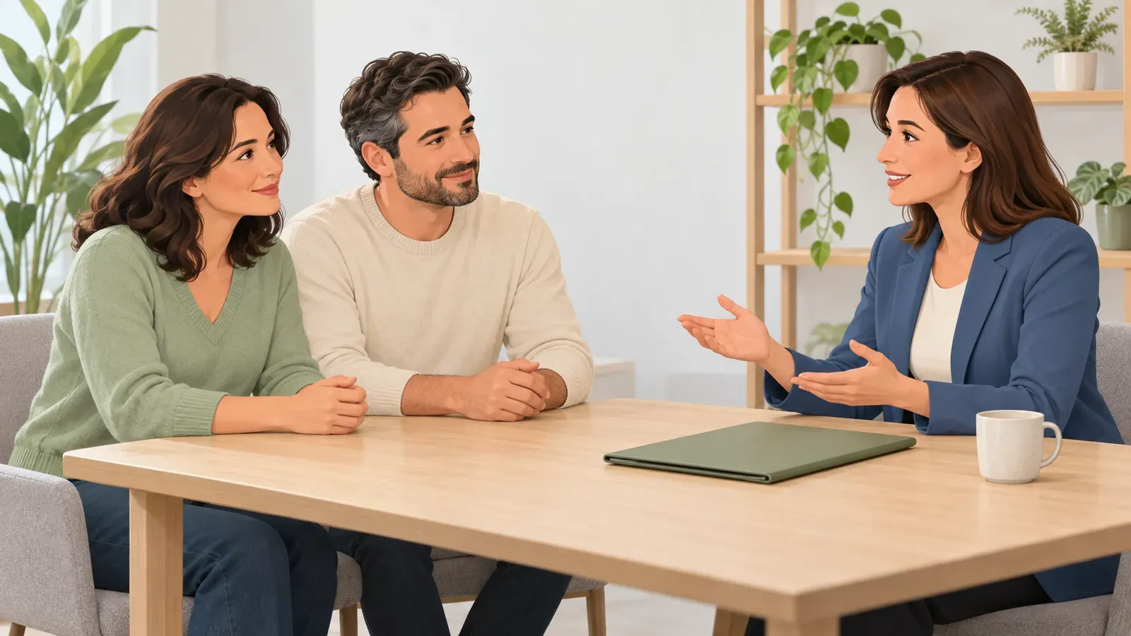 Casal conversa com profissional de blazer em uma mesa clara