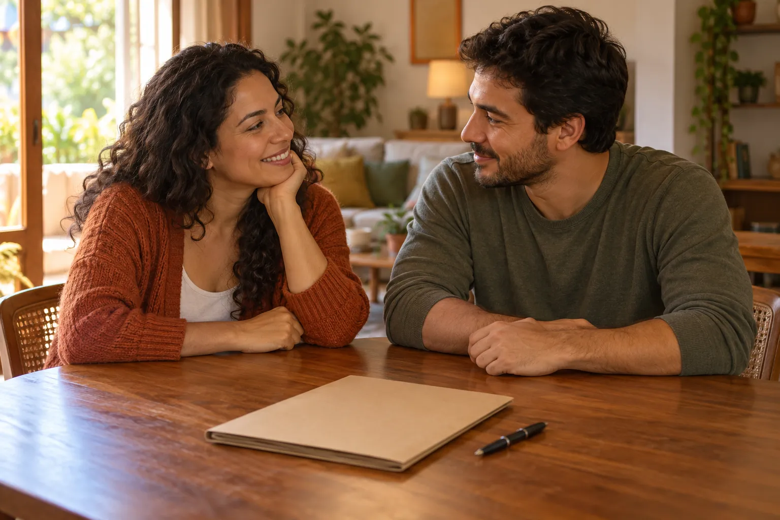 Casal conversa sorrindo à mesa com pasta fechada e caneta