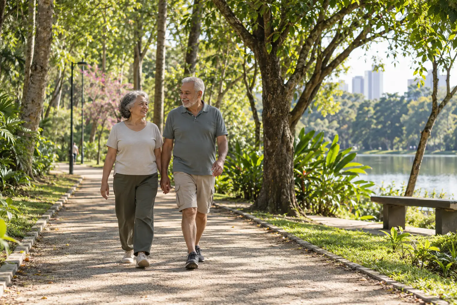 Casal mais velho caminha lado a lado num parque arborizado