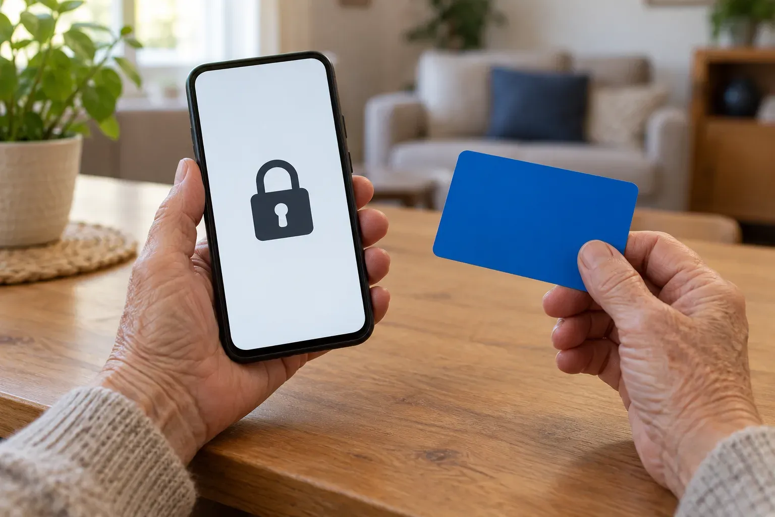 Mãos de idoso seguram celular com cadeado na tela e cartão bancário