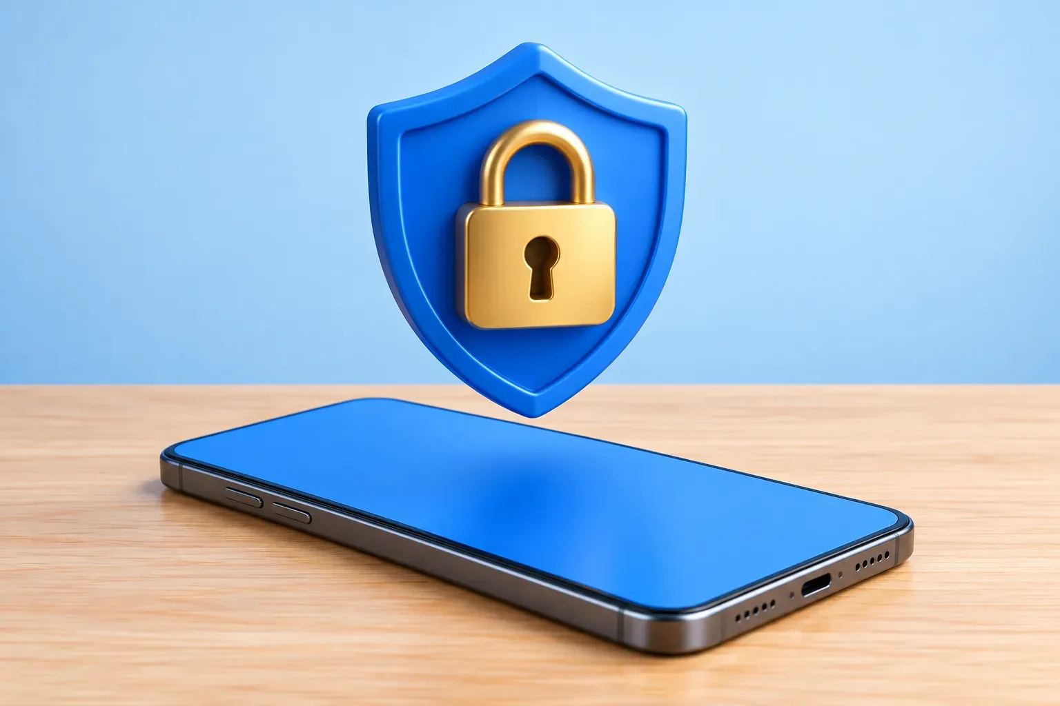 Celular sobre a mesa com escudo e cadeado em destaque