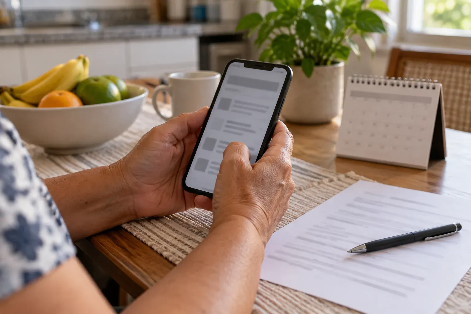 Mulher confere dados no celular ao lado de folha impressa
