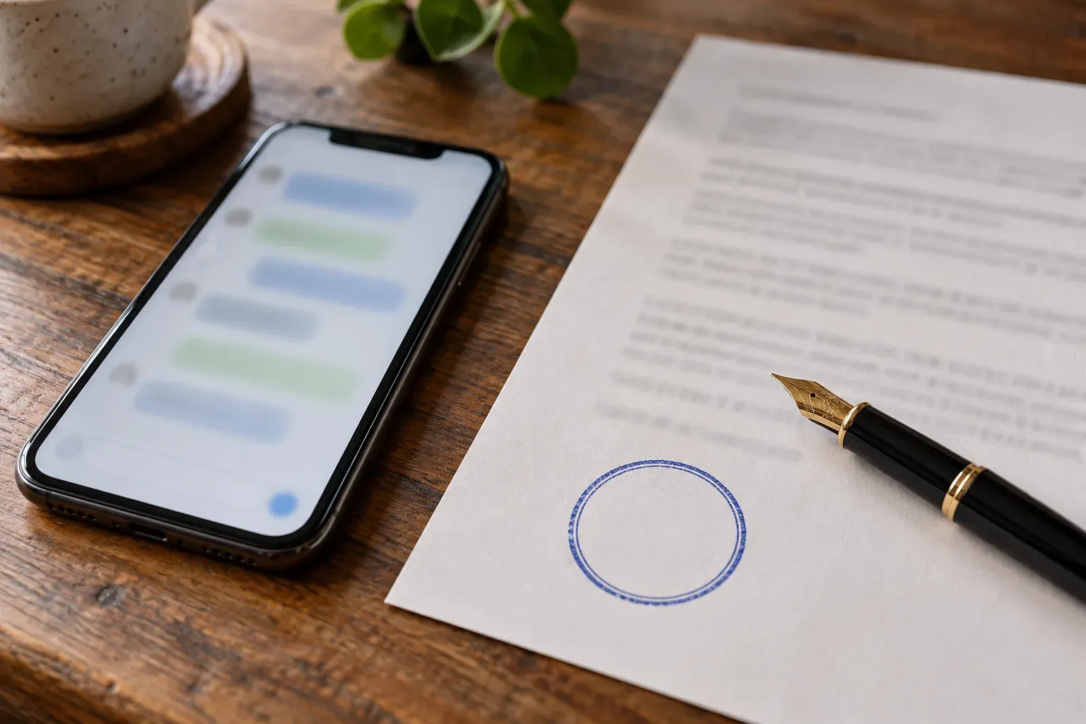 Celular com conversa ao lado de papel carimbado sobre a mesa