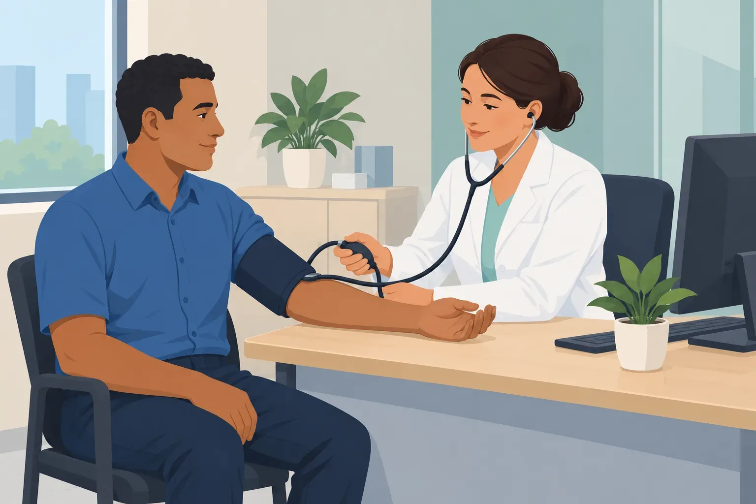 Médica do trabalho mede a pressão de um trabalhador no consultório