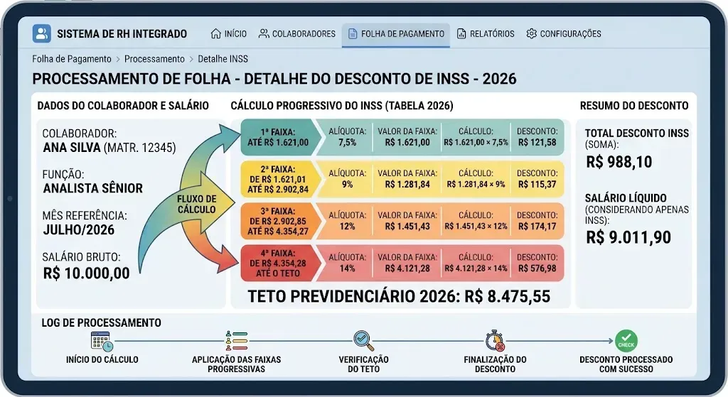 Exemplo de preenchimento de holerite utilizando os parâmetros atualizados da tabela inss 2026 com dedução.
