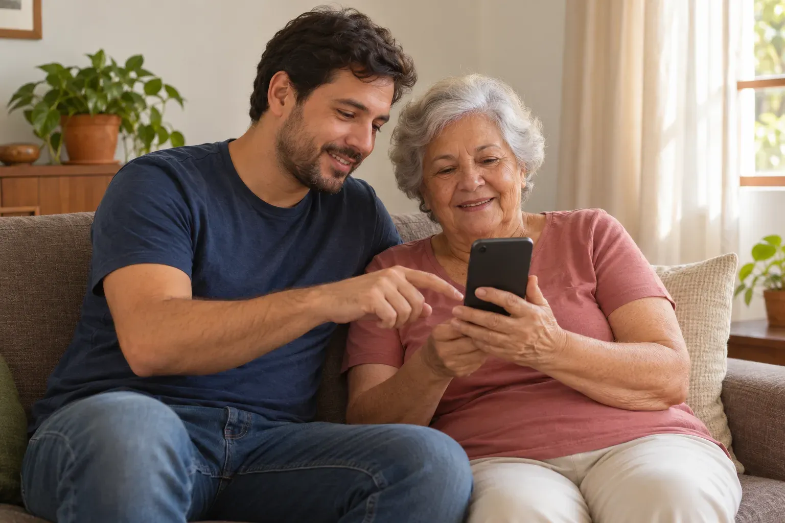 Filho adulto ajuda a mãe idosa a usar o celular no sofá