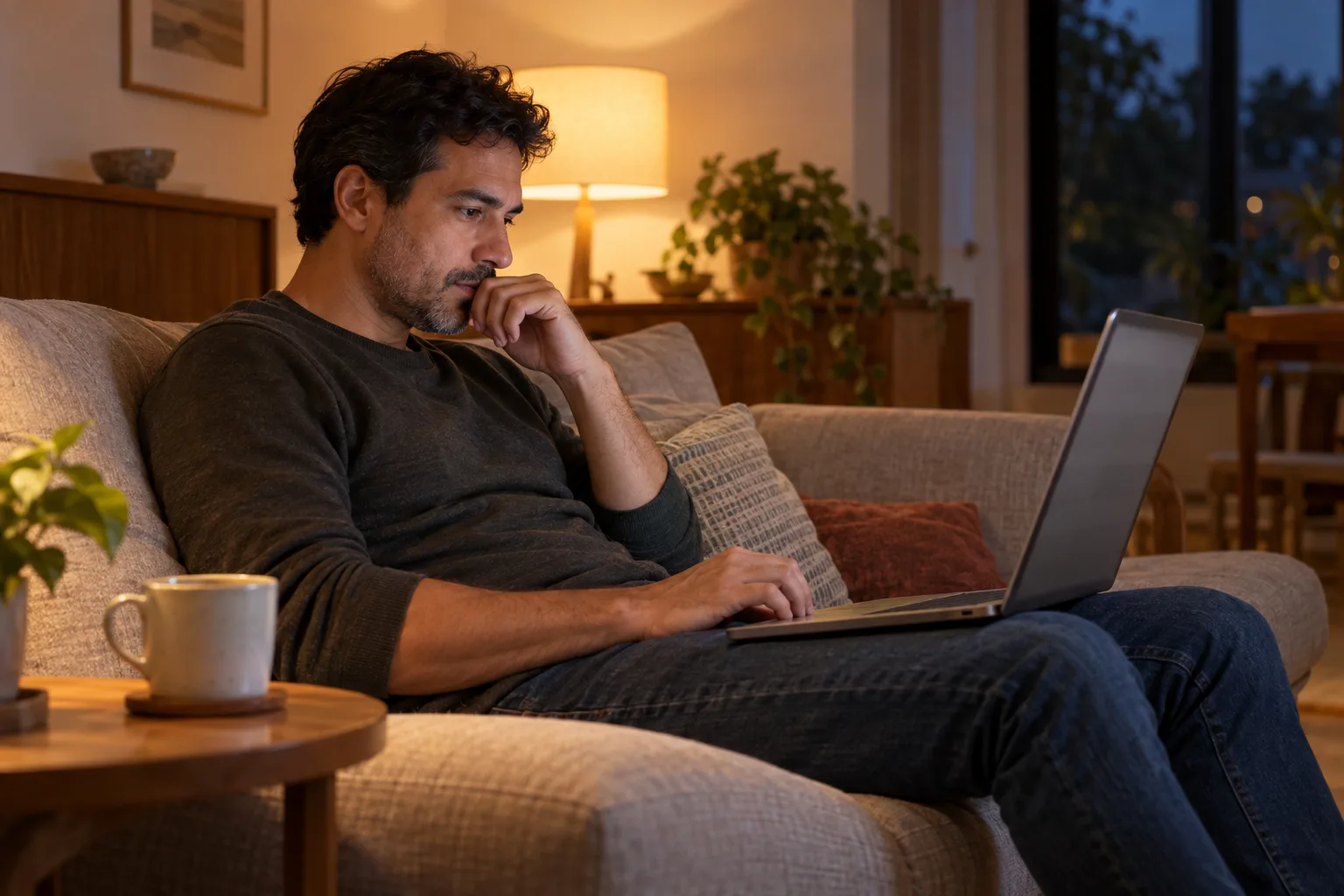 Homem usa o notebook sentado no sofá da sala, à noite