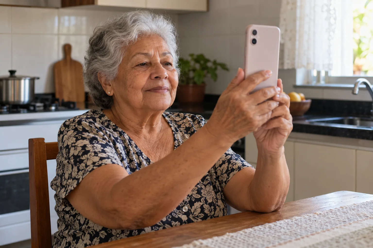 Senhora idosa segura o celular diante do rosto na cozinha