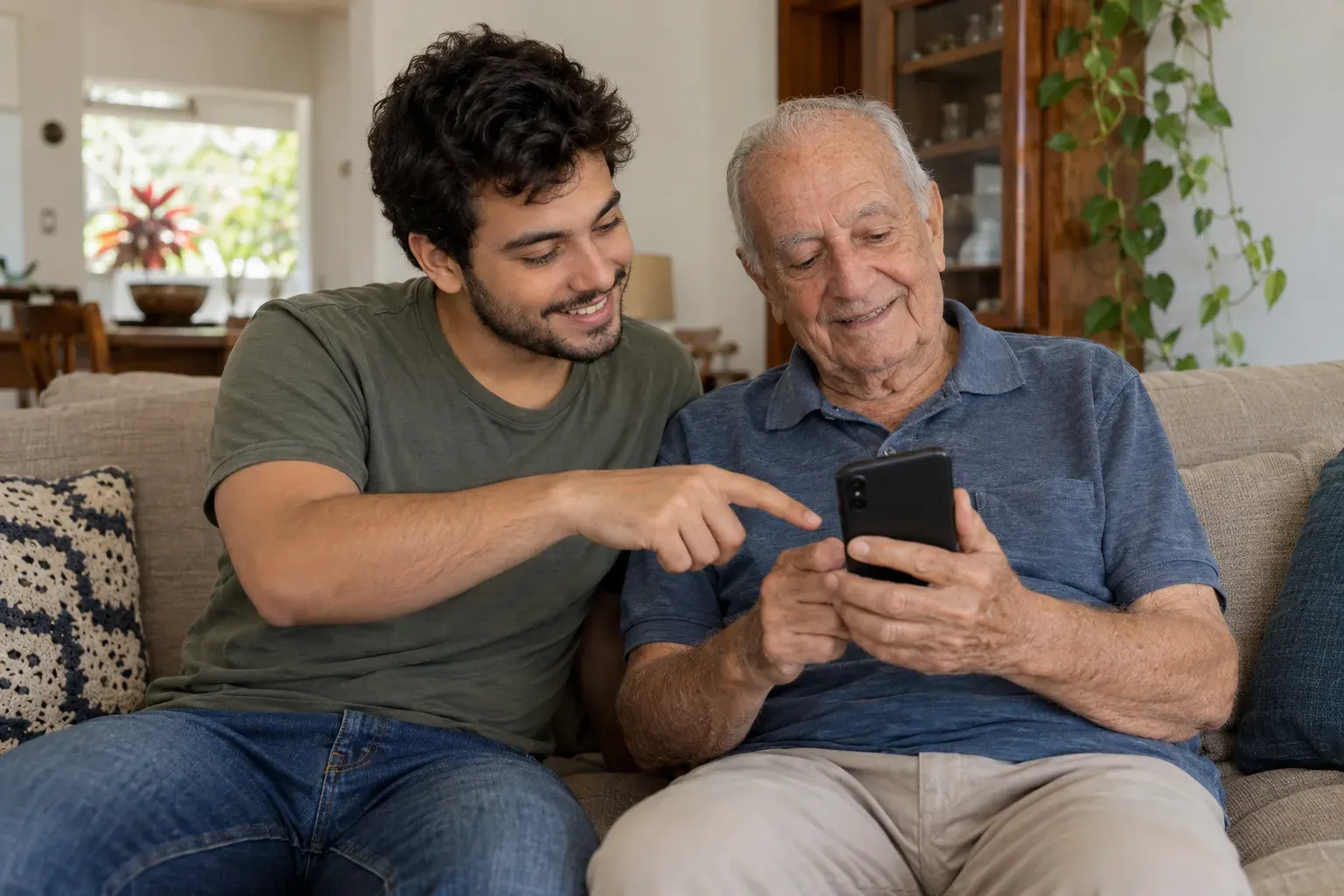 Jovem ajuda senhor idoso a usar o celular no sofá