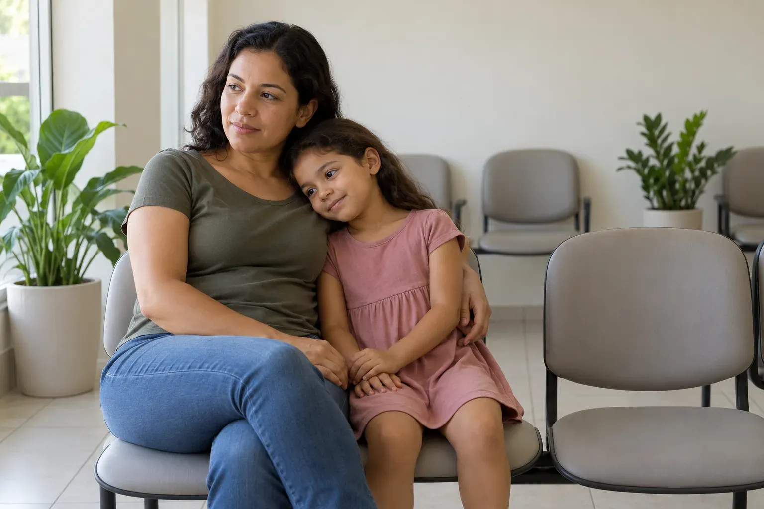 Mãe e filha sentadas na sala de espera de um consultório