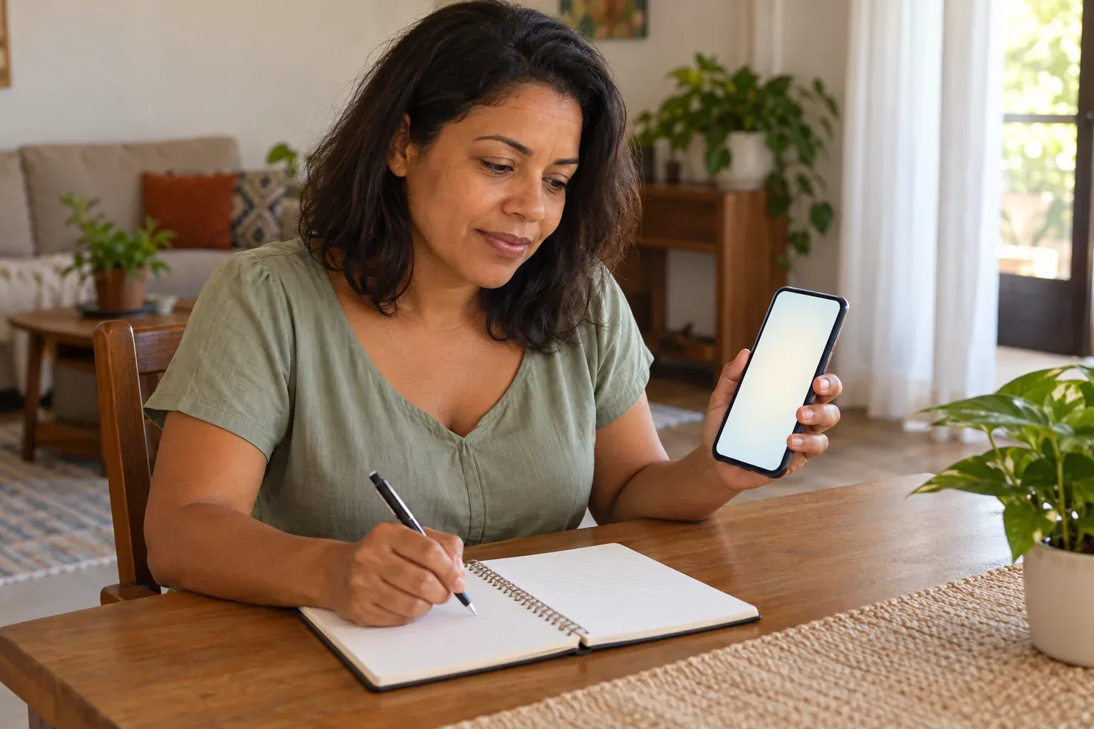 Mulher anota num caderno enquanto confere o celular na sala