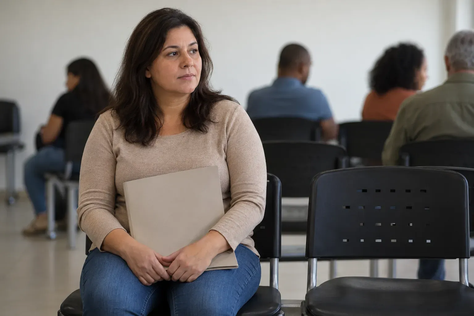 Mulher segura uma pasta de papéis numa sala de espera