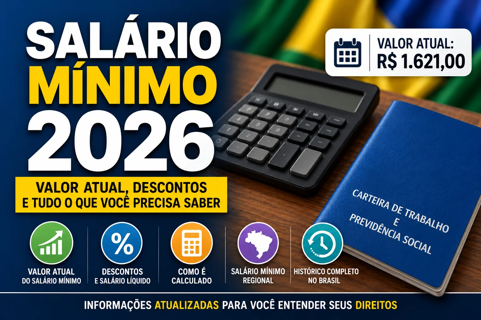 Calculadora e carteira de trabalho com o valor do salário mínimo de 2026, R$ 1.621,00