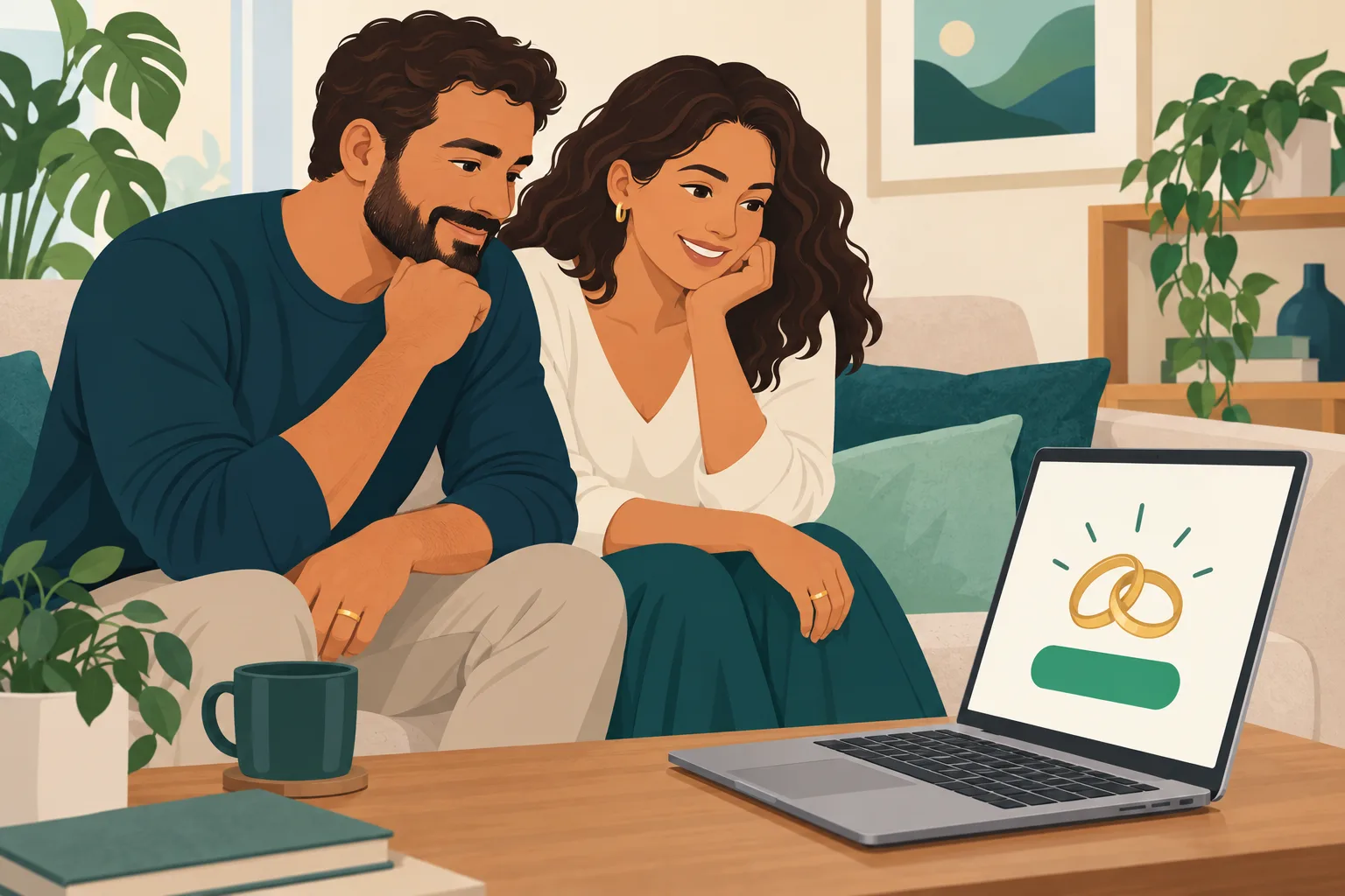 Casal pede a segunda via da certidão de casamento pelo notebook