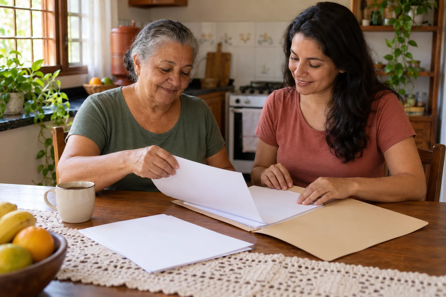 Senhora e a filha adulta organizam papéis à mesa da cozinha