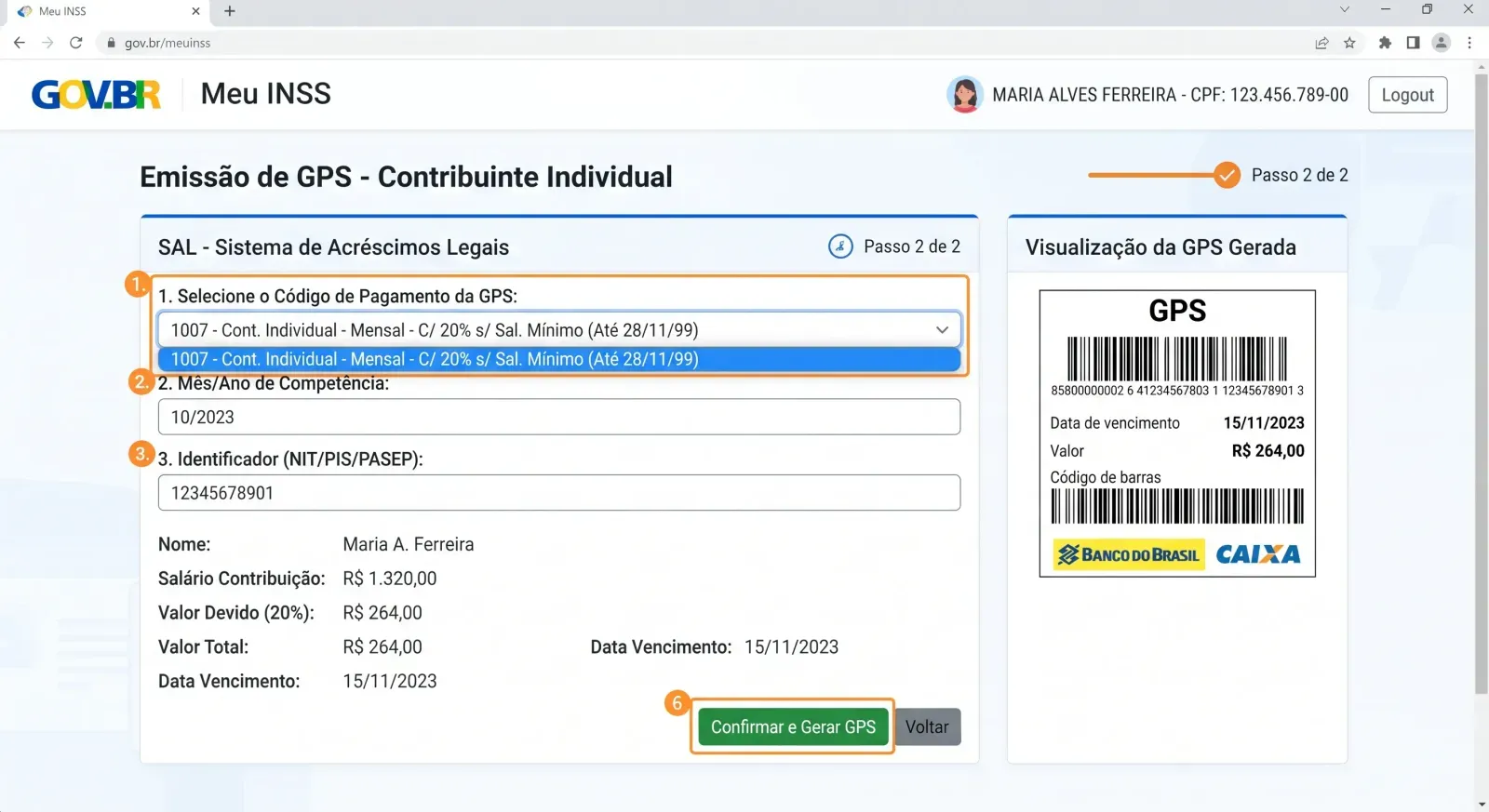 Tela de geração de guia para contribuição inss individual no sistema oficial.