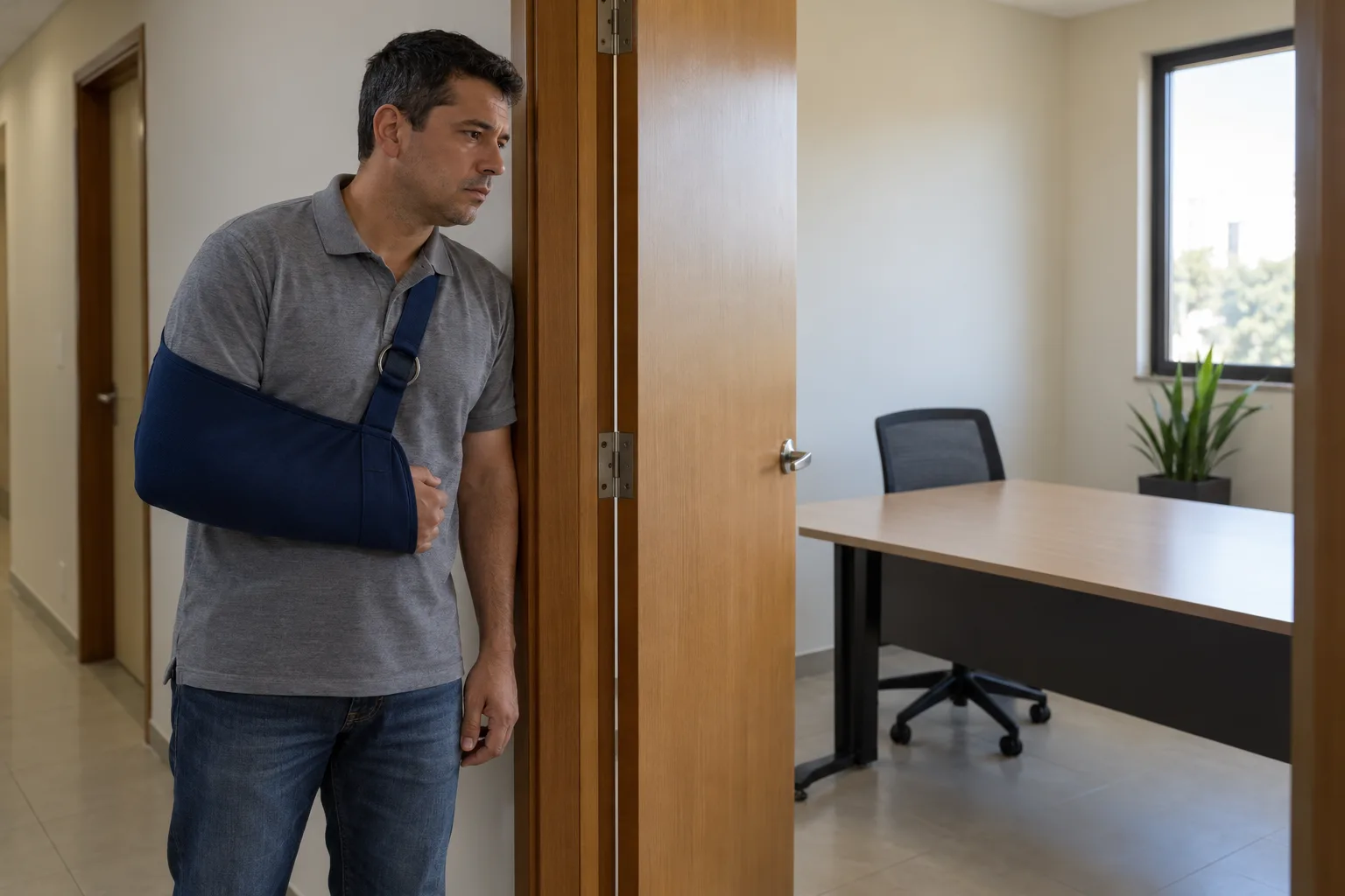 Homem com braço na tipoia parado na porta de um escritório