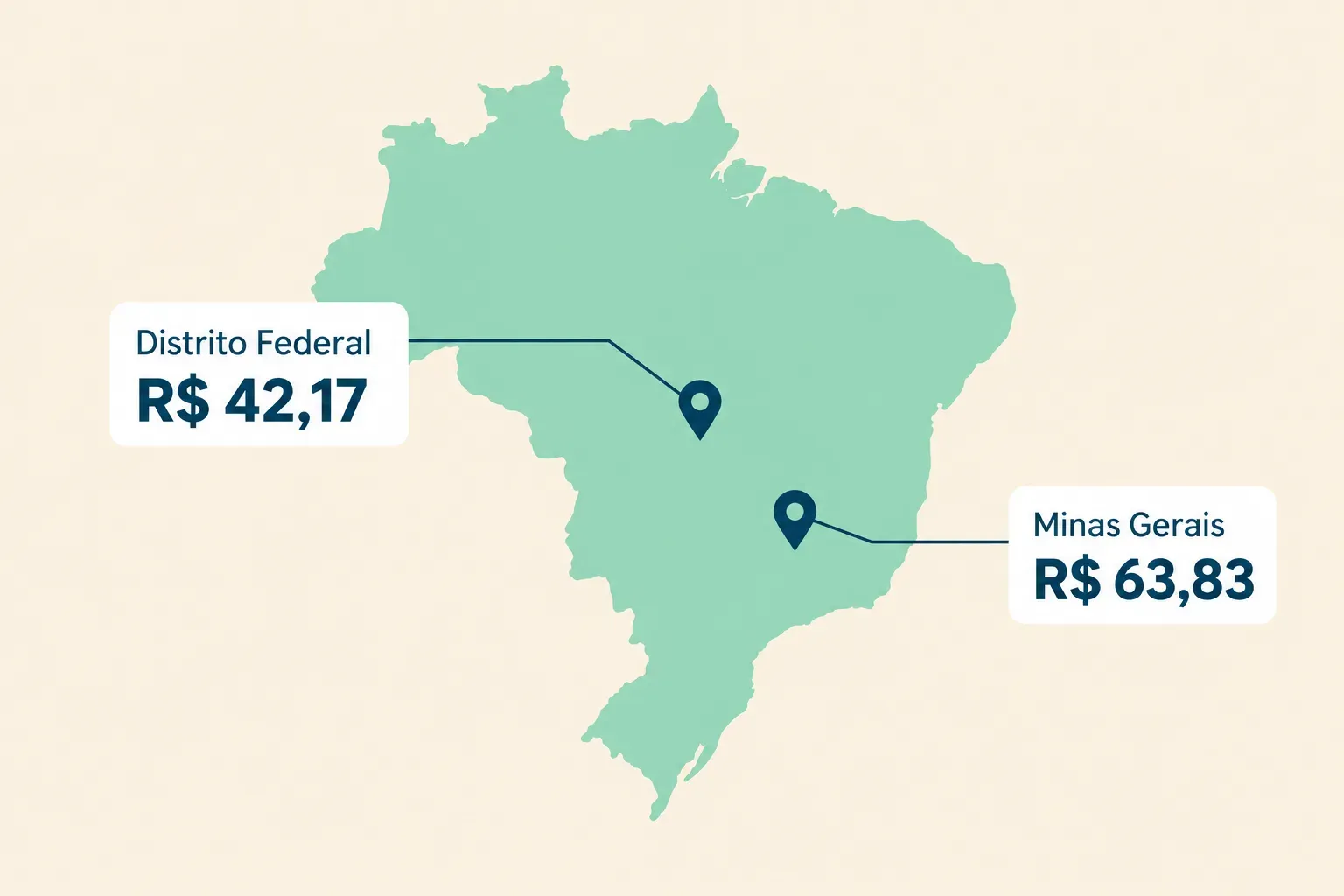 Mapa do Brasil com o valor da certidão no DF e MG