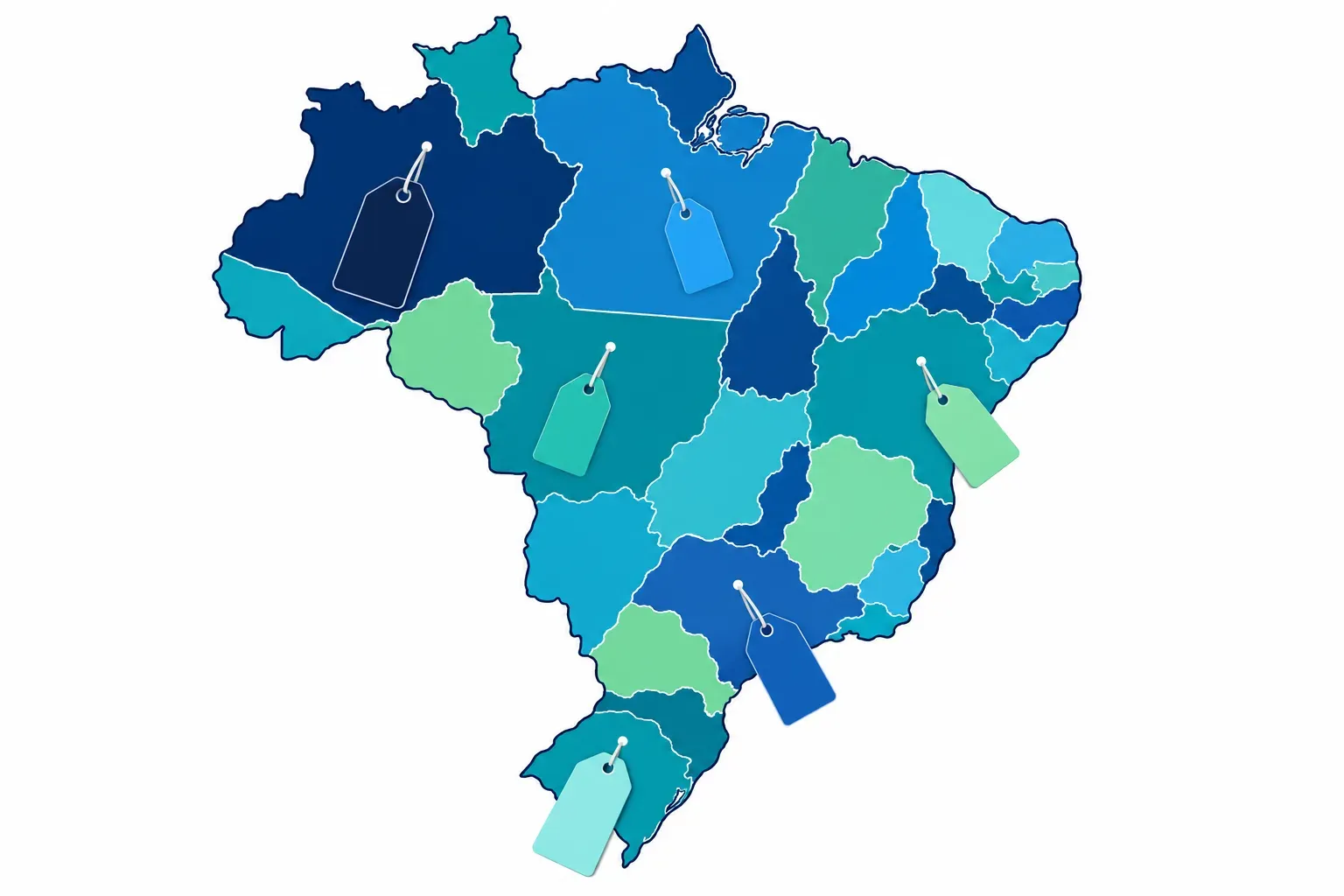 Mapa do Brasil com etiquetas de preço diferentes por estado