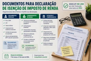 Declaração de Isenção de Imposto de Renda 2026 4 Organização de documentos pessoais, comprovantes de renda e extratos usados para comprovar isenção de Imposto de Renda. - Fonte: Imagem gerada por IA (DALL·E / ChatGPT)