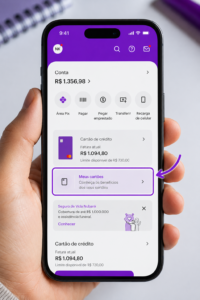 Interface atualizada do app Nubank com o atalho direto para desbloqueio de novas vias.