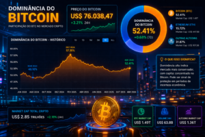 Dominância do Bitcoin: Como Antecipar Altseason (Guia 2026) 1 Dominância do Bitcoin em destaque com o BTC acima de US$ 76.000, refletindo o fluxo de capital no mercado cripto em 2026. Fonte: Imagem gerada por IA (DALL·E / ChatGPT)