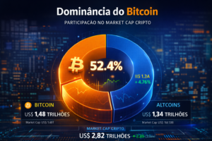 Dominância do Bitcoin: Como Antecipar Altseason (Guia 2026) 2 Representação da dominância do Bitcoin em relação ao valor total do mercado de criptomoedas. - Fonte: Imagem gerada por IA (DALL·E / ChatGPT)