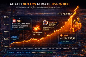 Dominância do Bitcoin: Como Antecipar Altseason (Guia 2026) 3 Bitcoin supera US$ 76.000 impulsionado por dados de inflação e cenário macroeconômico global. - Fonte: Imagem gerada por IA (DALL·E / ChatGPT)