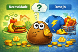 Dinheiro infinito do Pou: Lições financeiras 1 Necessidade vs Desejo: como o Pou ensina a escolher melhor o dinheiro - Imagem: Digital Plane IA