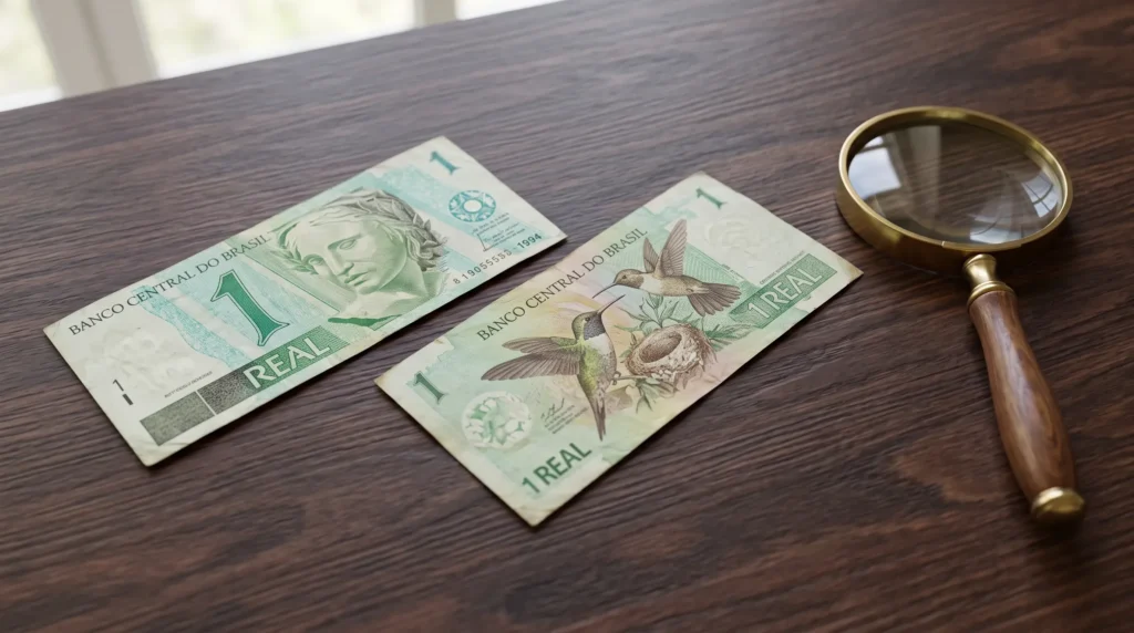 Cédula de 1 Real Pode Valer Muito em 2026 1 Detalhes de impressão e estado de conservação de uma cedula de 1 real preservada para coleção numismática.