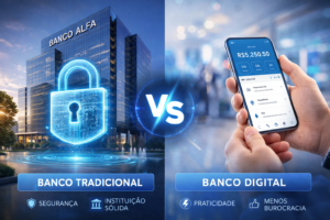 Banco Alfa de Investimento é Confiável? Segurança e Opiniões 2 Banco Alfa de Investimento comparado a bancos digitais - Fonte: Imagem gerada por IA (DALL·E / ChatGPT)