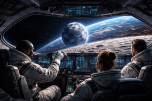 Banho de Lua: A Nova Missão Artemis II Explicada 1 Astronautas da missão Artemis II observando a Lua pela janela da nave Orion, com a Terra ao fundo, representando o “banho de lua” na nova exploração espacial da NASA - Fonte: Imagem gerada por IA (DALL·E / ChatGPT)