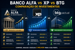 Banco Alfa vs XP vs BTG: Qual é Melhor? 1 Cada instituição possui características diferentes para perfis de investidores distintos. - Fonte: Imagem gerada por IA (DALL·E / ChatGPT)