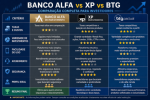 Banco Alfa vs XP vs BTG: Qual é Melhor? 2 Comparar taxas e benefícios ajuda a escolher a melhor plataforma. - Fonte: Imagem gerada por IA (DALL·E / ChatGPT)
