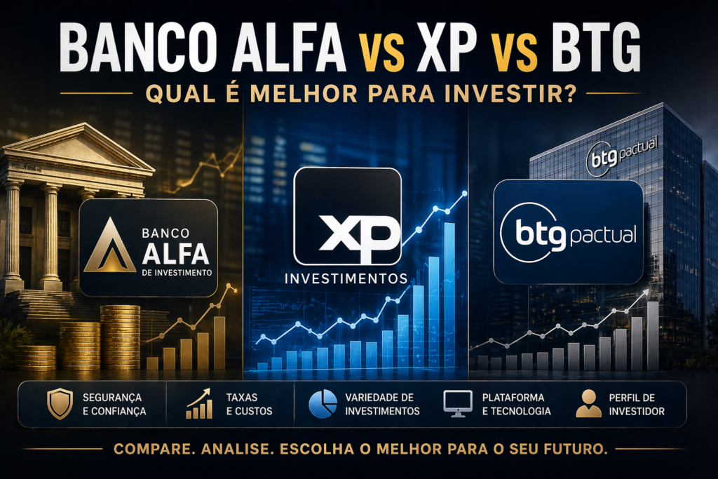 Banco Alfa vs XP vs BTG: Qual é Melhor? - Fonte: Imagem gerada por IA (DALL·E / ChatGPT)