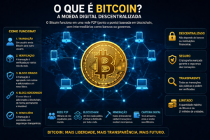 O Que é Bitcoin: História Completa até 2026 1 O Bitcoin funciona através de uma rede descentralizada chamada blockchain. - Fonte: Imagem gerada por IA (DALL·E / ChatGPT)