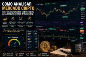Como Analisar o Mercado Cripto e Lucrar Mais 1 Entenda como analisar o mercado cripto utilizando gráficos e indicadores. - Fonte: Imagem gerada por IA (DALL·E / ChatGPT)