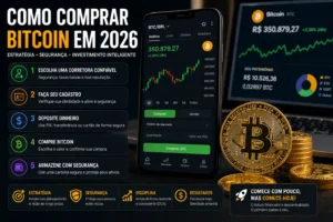 Como Comprar Bitcoin em 2026 (Guia Atualizado) 1 Comprar Bitcoin com estratégia é o que separa lucro de prejuízo. - Fonte: Imagem gerada por IA (DALL·E / ChatGPT)