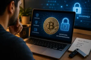 Como Guardar Bitcoin com Segurança (Guia 2026) 1 Guardar Bitcoin com segurança é tão importante quanto saber comprar a criptomoeda. - Fonte: Imagem gerada por IA (DALL·E / ChatGPT)