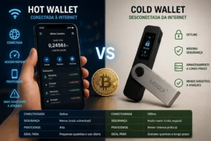 Como Guardar Bitcoin com Segurança (Guia 2026) 2 Hot wallets são mais práticas, enquanto cold wallets oferecem mais segurança para longo prazo. - Fonte: Imagem gerada por IA (DALL·E / ChatGPT)
