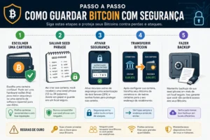 Como Guardar Bitcoin com Segurança (Guia 2026) 3 Seguir um processo simples ajuda a reduzir riscos e proteger seus Bitcoins. - Fonte: Imagem gerada por IA (DALL·E / ChatGPT)