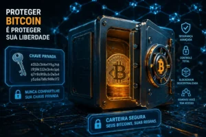 Como Guardar Bitcoin com Segurança (Guia 2026) 4 A proteção das chaves privadas é o ponto central da segurança no Bitcoin. - Fonte: Imagem gerada por IA (DALL·E / ChatGPT)