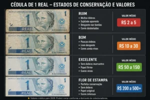 Cédula de 1 Real Pode Valer Muito em 2026 2 O estado da nota influencia diretamente no valor para colecionadores. - Fonte: Imagem gerada por IA (DALL·E / ChatGPT)
