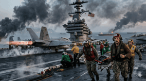 Conflito EUA x Irã: Trump faz ultimato e mundo teme guerra 1 Uma fotografia de ação dinâmica a bordo de um porta-aviões da Marinha dos EUA operando no Oriente Médio ao anoitecer. A imagem captura três marinheiros correndo no convés de vôo molhado, carregando equipamentos essenciais, enquanto um caça F/A-18 Super Hornet decola com o pós-combustor aceso, liberando vapor da catapulta. Ao fundo, o superestrutura do porta-aviões exibe a bandeira dos EUA, e a costa do Estreito de Hormuz é visível com colunas de fumaça preta subindo de ataques a infraestruturas terrestres (ecoando a imagem de capa). A cena reflete a urgência e a atividade militar intensa. - Fonte: Imagem gerada por IA / Gemini