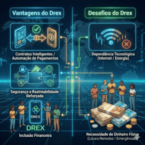 Dinheiro em espécie vai acabar com o Drex? 1 Ilustração mostrando a transição do dinheiro em espécie (cédulas e moedas) para o Drex digital, com elementos tecnológicos, celular e gráficos financeiros ao fundo. - Fonte: Imagem gerada por IA / Gemini