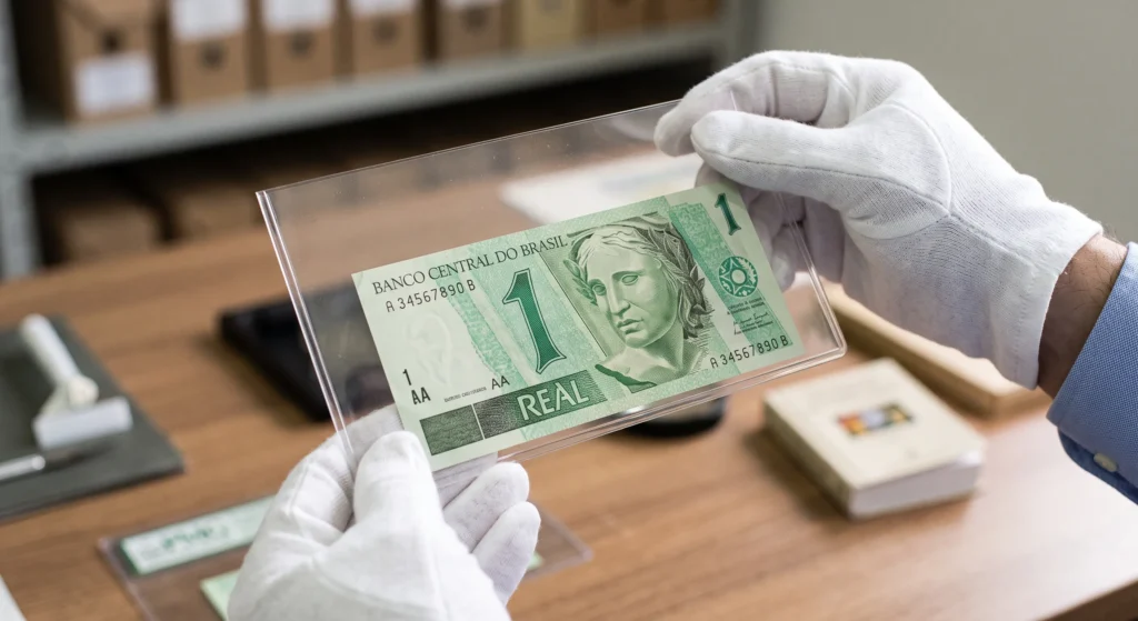 Cédula de 1 Real Pode Valer Muito em 2026 3 Manusear sua cedula de 1 real com proteção adequada evita a transferência de gordura dos dedos e preserva seu valor no mercado numismático.