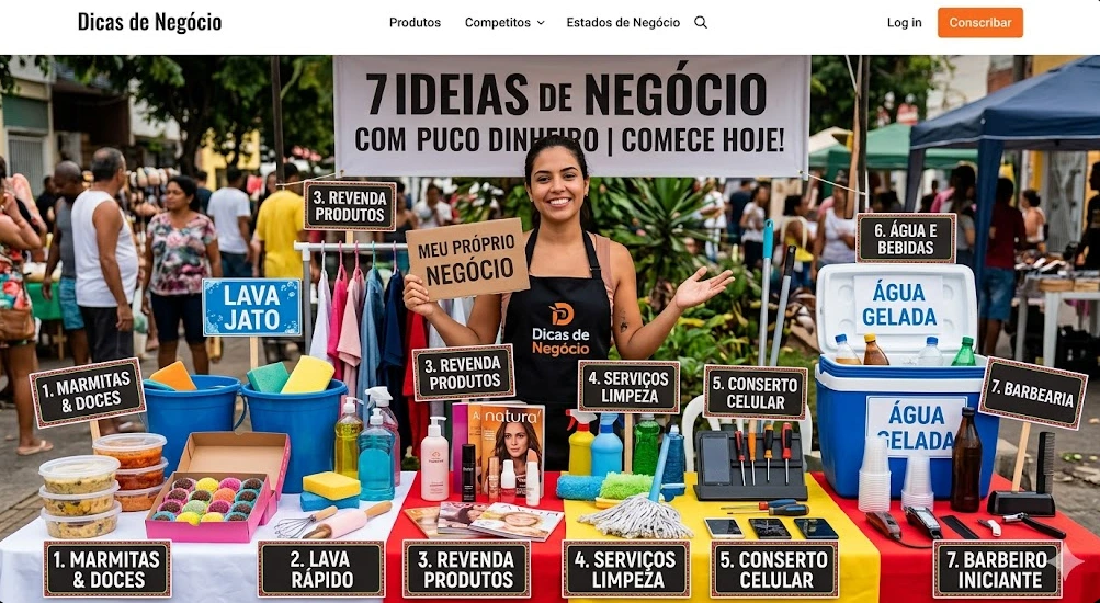 7 Ideias de Negócio Para Começar Com Pouco Dinheiro - Fonte: Imagem gerada por IA (DALL·E / ChatGPT)