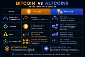 O Que São Altcoins? Guia Completo Para Iniciantes 1 Bitcoin e altcoins possuem objetivos e características diferentes dentro do mercado cripto. - Fonte: Imagem gerada por IA (DALL·E / ChatGPT)