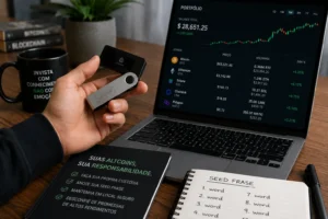 O Que São Altcoins? Guia Completo Para Iniciantes 3 Carteiras frias aumentam a segurança no armazenamento de criptomoedas. - Fonte: Imagem gerada por IA (DALL·E / ChatGPT)